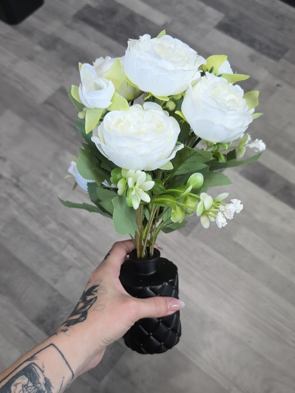 White Artificial Peony Bouquet In Black Vase